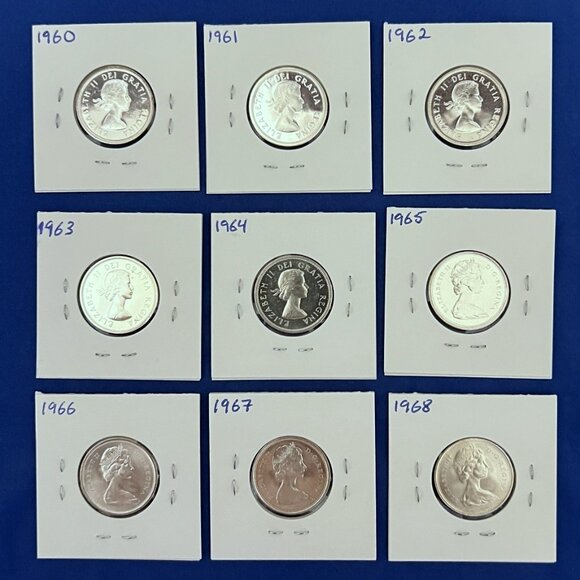 Uncirculated Set of 9 Silver 1960 to 1968 25¢ Canada Quarters! - Picture 2 of 16